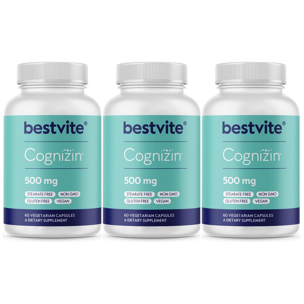 BESTVITE Cognizin Citicoline 500mg (180 ベジタリアンカプセル) (60x3) - 臨床的に学んだPremium Choline Nootropic - いいえ Stearates - ビーガン - グルテンフリーグルテンフリー - 脳は、メモリとフォーカスのためのサプリメント