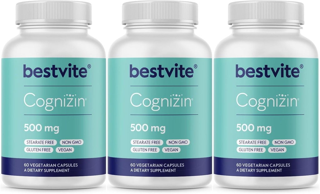 BESTVITE Cognizin Citicoline 500mg (180 ベジタリアンカプセル) (60x3) - 臨床的に学んだPremium Choline Nootropic - いいえ Stearates - ビーガン - グルテンフリーグルテンフリー - 脳は、メモリとフォーカスのためのサプリメント