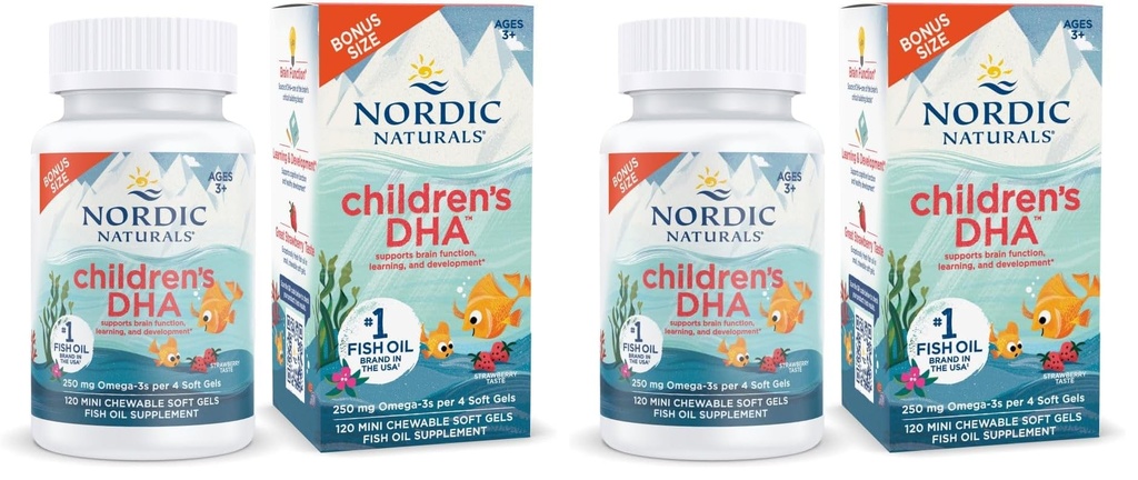 Nordic Naturals Children’s DHA, Strawberry - 120 Mini Chewable Soft Gels for Kids - 250 mg Omega-3 with EPA & DHA - Brain Development & Function - Non-GMO - 30 Servings (Pack of 2)