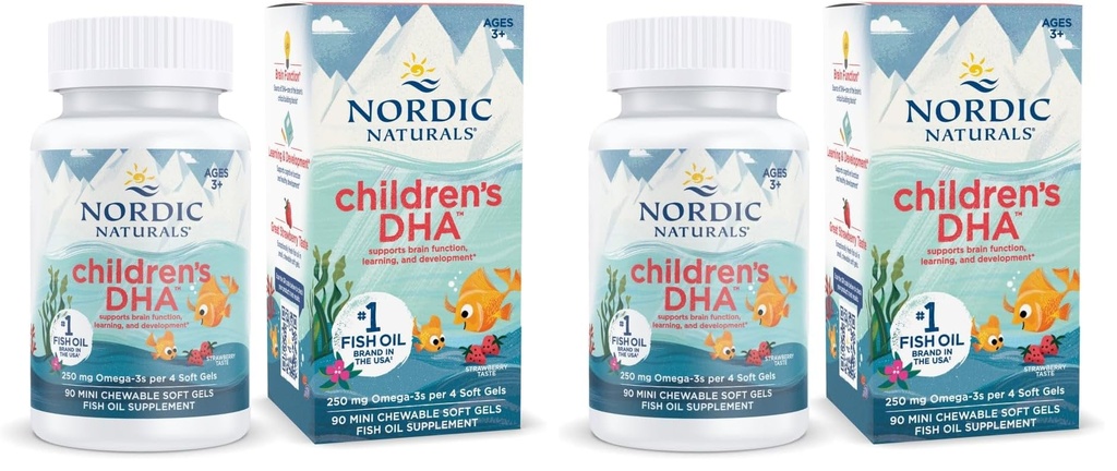 Nordic Naturals Children’s DHA, Strawberry - 90 Mini Chewable Soft Gels for Kids - 250 mg Omega-3 with EPA & DHA - Brain Development & Function - Non-GMO - 22 Servings (Pack of 2)