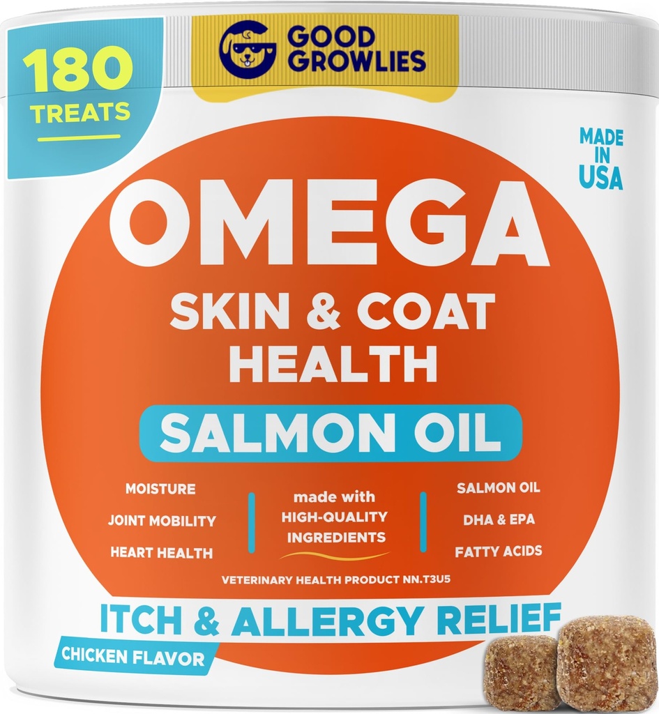 Omega 3 犬用魚油 (180 Ct) - 皮膚とコートの咀嚼 - 乾燥&かゆみの皮膚救済 + アレルギーサポート - 光沢のあるコート - EPA&DHA 脂肪酸 - 天然サーモン油咀嚼は心臓、ヒップ&ジョイントサポートを促進します
