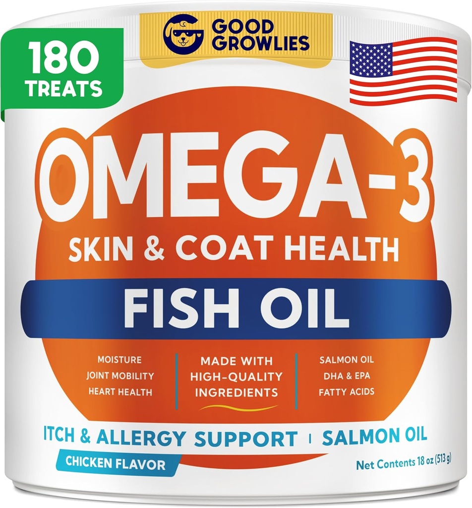Omega 3 犬用魚油 (180 Ct) - 皮膚とコートの咀嚼 - 乾燥&かゆみの皮膚救済 + アレルギーサポート - 光沢のあるコート - EPA&DHA 脂肪酸 - 天然サーモン油咀嚼は心臓、ヒップ&ジョイントサポートを促進します