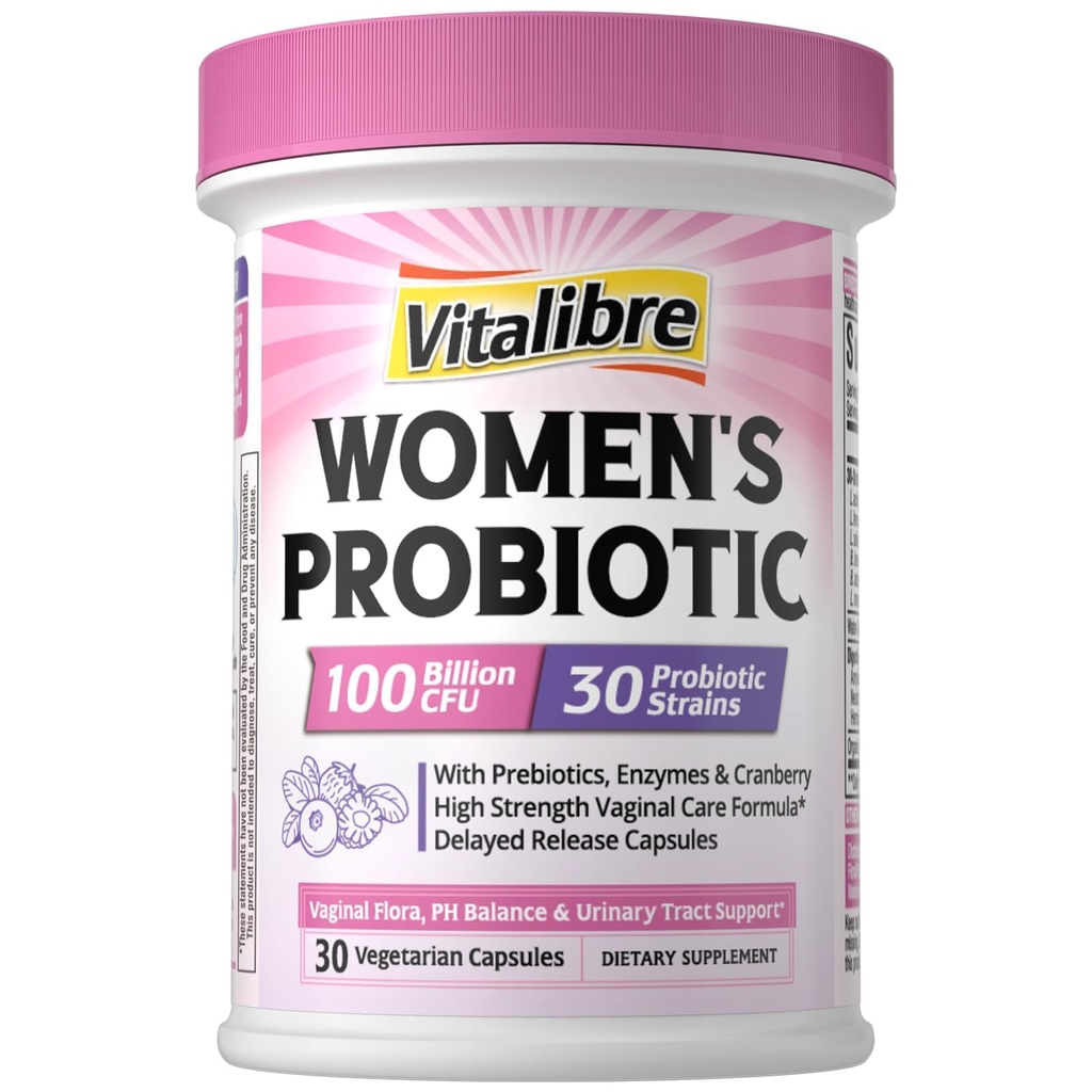 女性30の緊張のためのVitalibreのプロバイオティクス、消化酵素、尿路の健康のためのPrebiotics及びクランベリー、pHのバランス、30の野菜のカプセルが付いている100の鋼片CFUの腟のプロバイオティクス