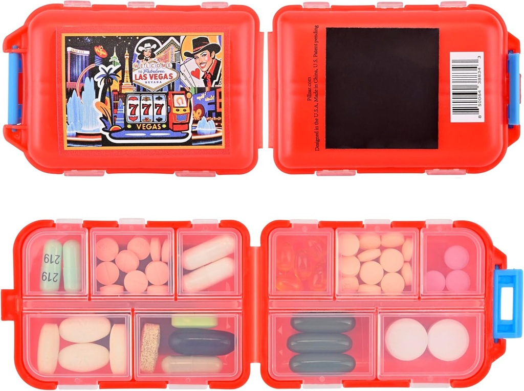 Pillzarによるラスベガスの冷蔵庫の磁石 - 旅行フレンドリーピルボックス&10コンパートメントを備えたオルガナイザー、最大50個の丸薬、お土産ギフト、収集可能な磁気丸薬ケース、3.8 "x 2.6"