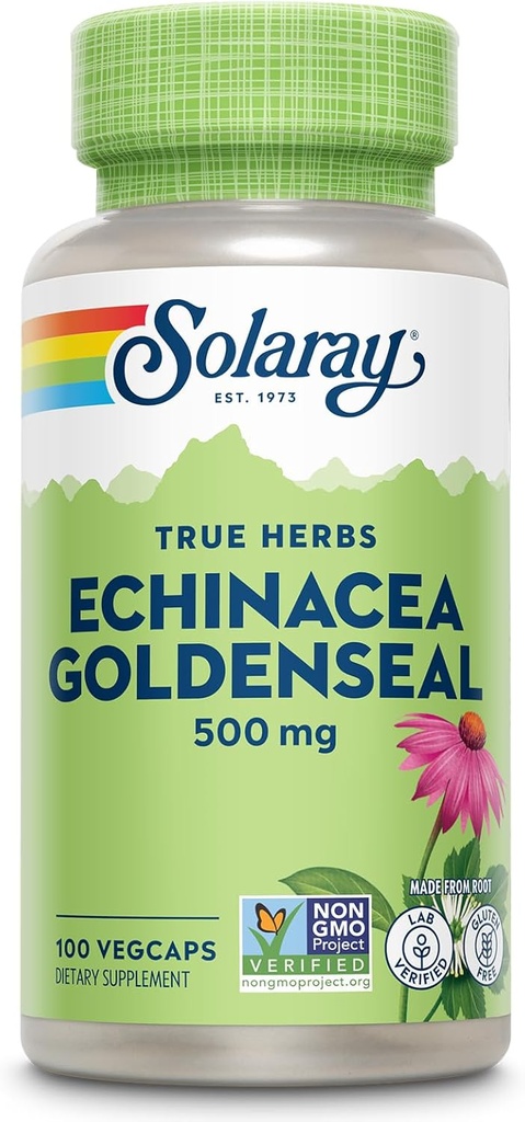 SOLARAY Echinacea Goldenseal - Powerful Blend of Two Herbal Supplements for Wellness Support - 250mg Ea Echinacea Root and Goldenseal Root - Non GMO, Vegan, Gluten Free, 60-Day Guarantee, 100 Servings
