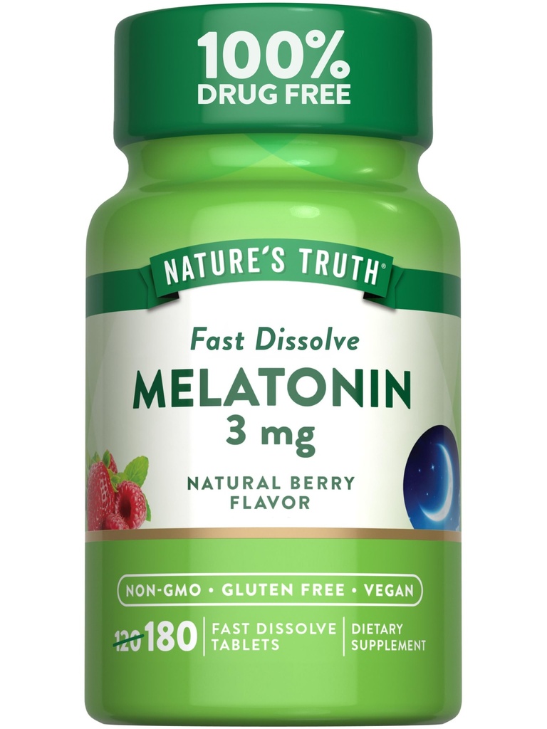 Nature's Truth Melatonin 3mg高速解体錠 | 180カウント | 天然ベリー味 | ヴィーガン、非GMO&グルテンフリーサプリメント