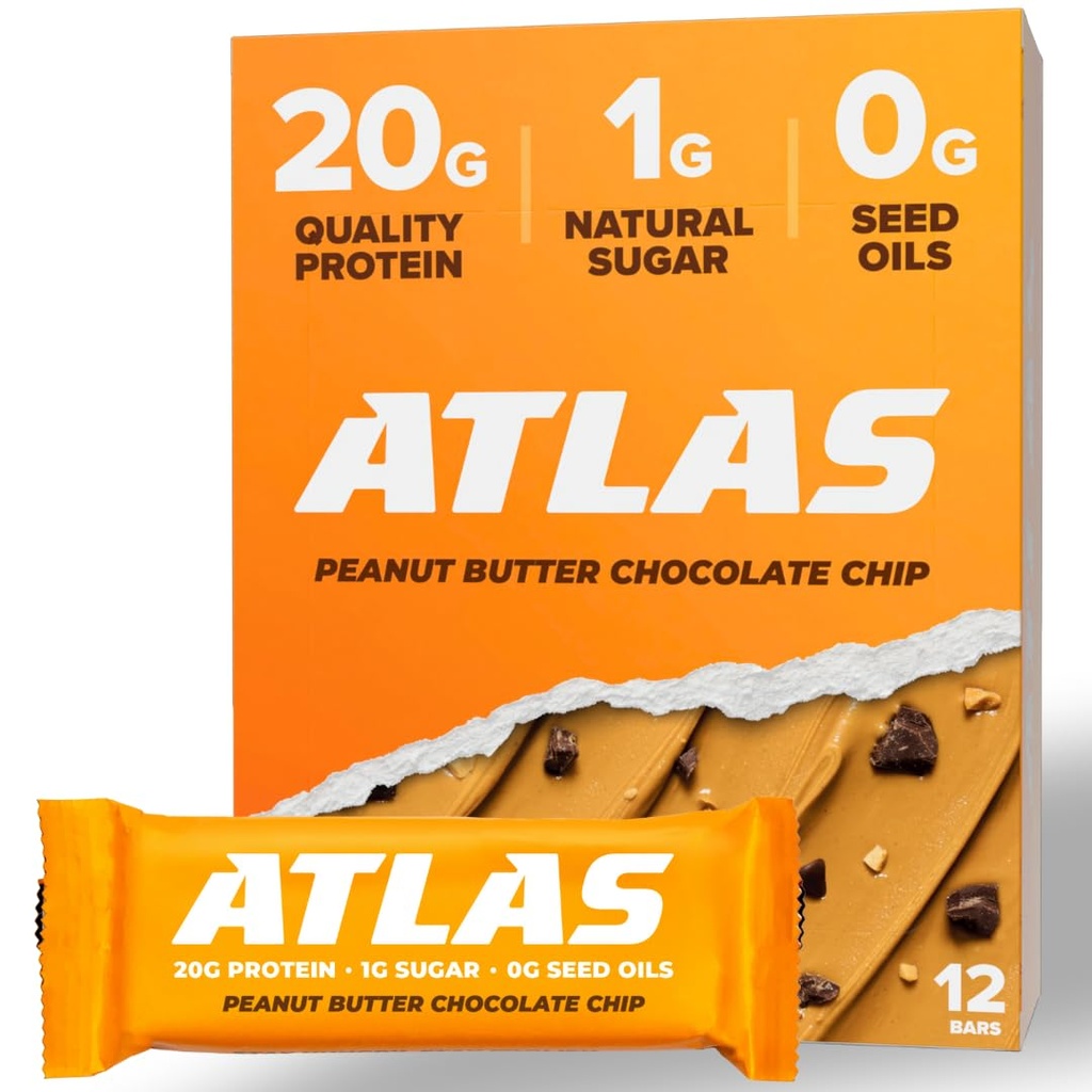 Atlas Bar – 20g Protein, 1g Sugar, 0g Seed Oils, 0g Artificial Sweeteners (Peanut Butter Chocolate Chip, 12 Count)