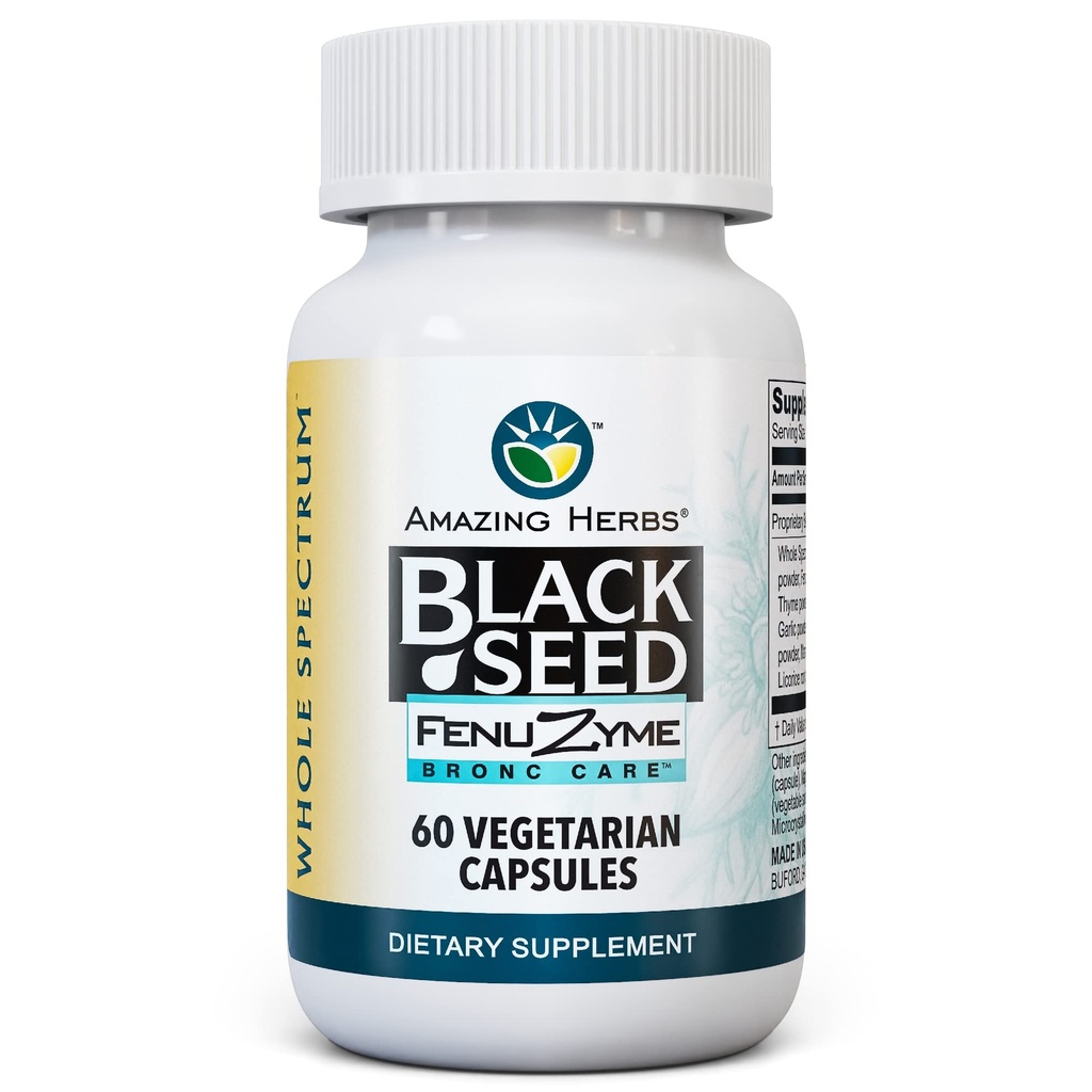 Amazing Herbs Black Seed Fenuzume Bronc-Care, Vegetarian Capsules - Gluten-Free, Non-GMO, Vegan, Enhances Immune Response, Improves Allergic Conditions & General Well-Being - 60 Count