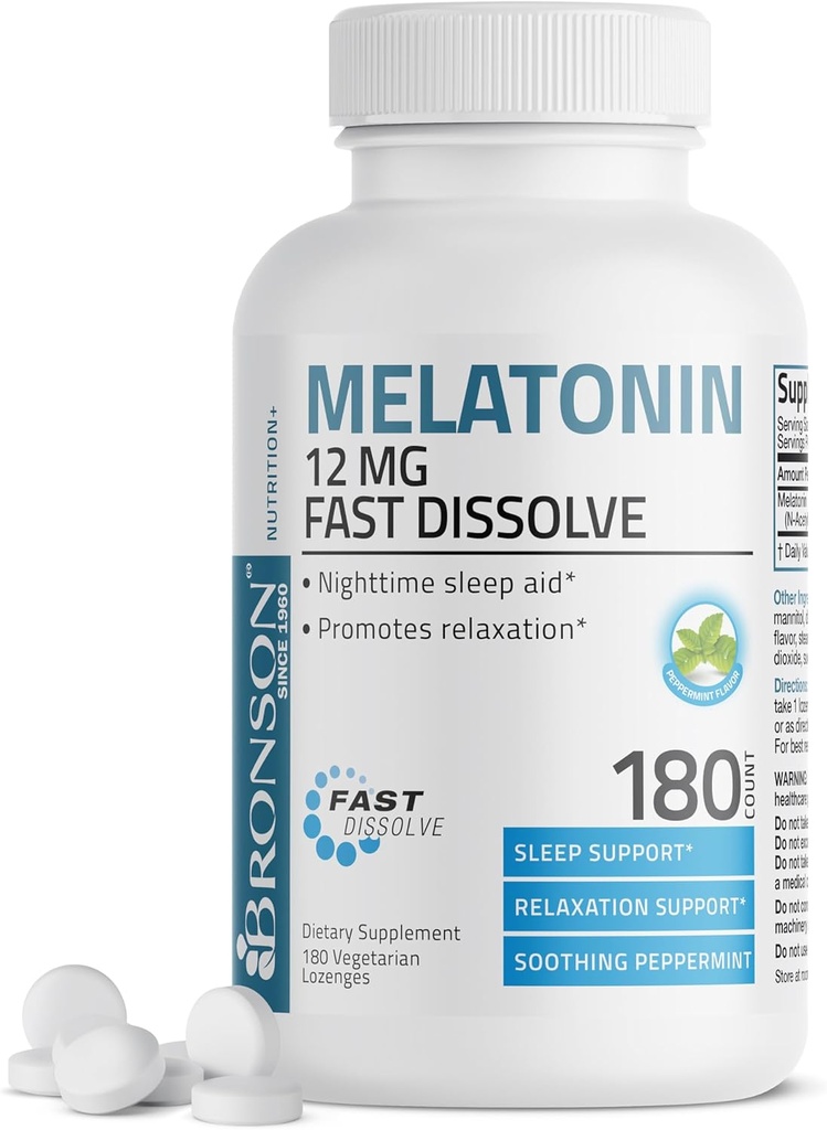 Bronson Melatonin 12mgの速い分解の夜間睡眠援助サポート及び弛緩サポート、180ペパーミントのベジタリアンのロゼンジ
