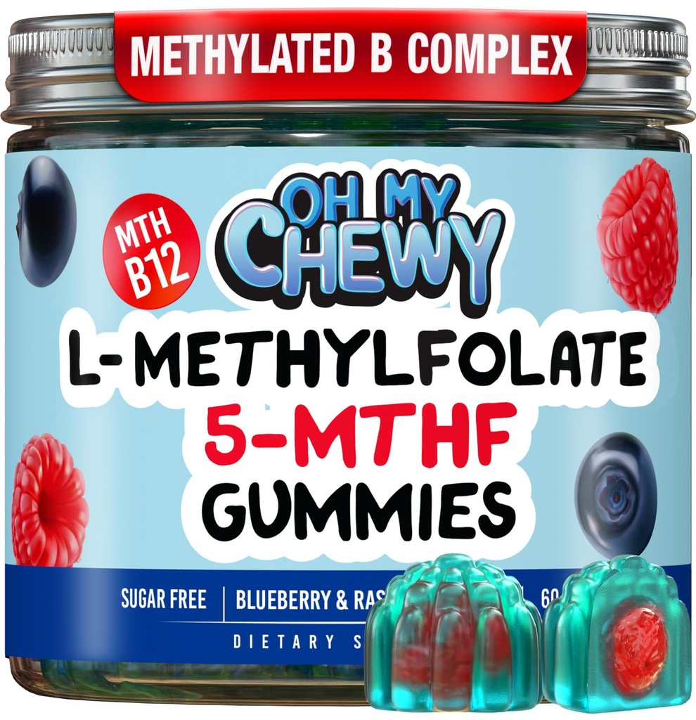 OH MY CHEWY Center-Filled 5-MTHF Folate L-Methylfolate Gummies - 砂糖フリーのMTHFRビタミンB メチル化されたB1、B6およびB12コファクタとの複雑なサポート - 気分、行動、認知 - 60カウント