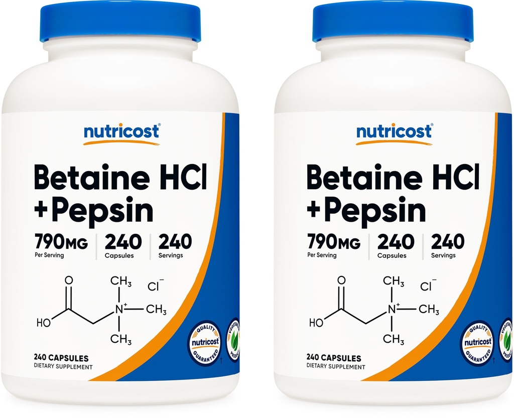NutricostはHCl + Pepsin 790mg、240のカプセル、2本のびん(480のカプセル)を達成します