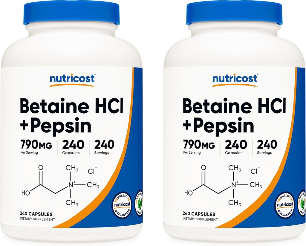 NutricostはHCl + Pepsin 790mg、240のカプセル、2本のびん(480のカプセル)を達成します