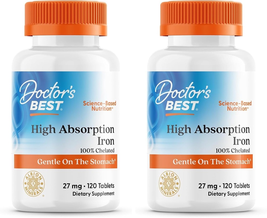 Doctor's Best High Absorption Iron Tablet with Ferrochel, Gentle on The Stomach, Immune Health, Blood Health, 27 mg (Pack of 2)