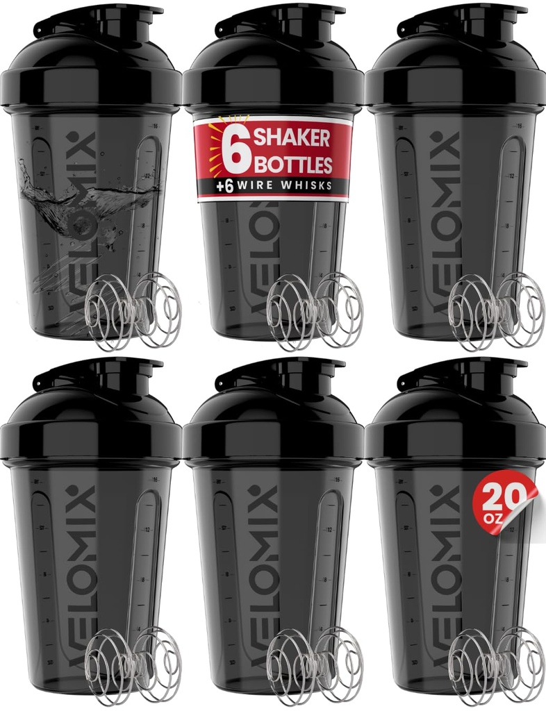 VELOMIX -6 タンパク質シェーク用パック-シェーカーカップ 20 oz - 6xワイヤーウィスク  タンパク質シェイクス、シェーカーボトルパック、プレワークアウト、シェーカーカップ(ブラックですべて)