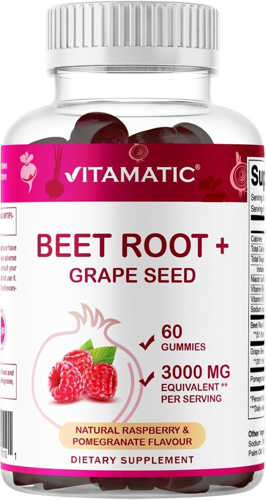 Vitamatic Beet Root Gummies - 3000mg Equivalent Per Serving - 60 Gummies - Made with Vitamin B6, B12, Grape Seed, Pomegranate & Nicotinamide (Pack of 2)