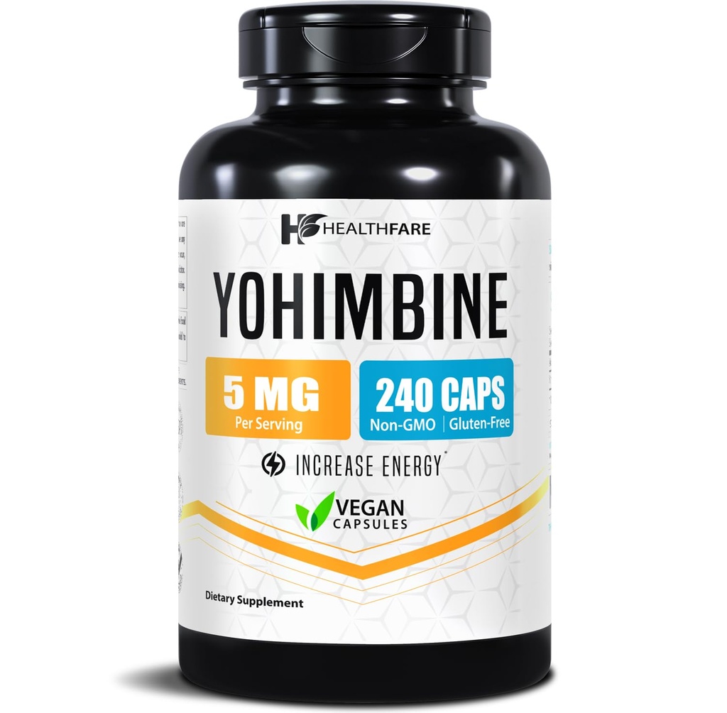 Healthfare Yohimbine HCL 5mg | 240 ビーガンカプセル | 最大強度フォーミュラ | ビーガン, 非GMO, グルテンフリー | アメリカ製