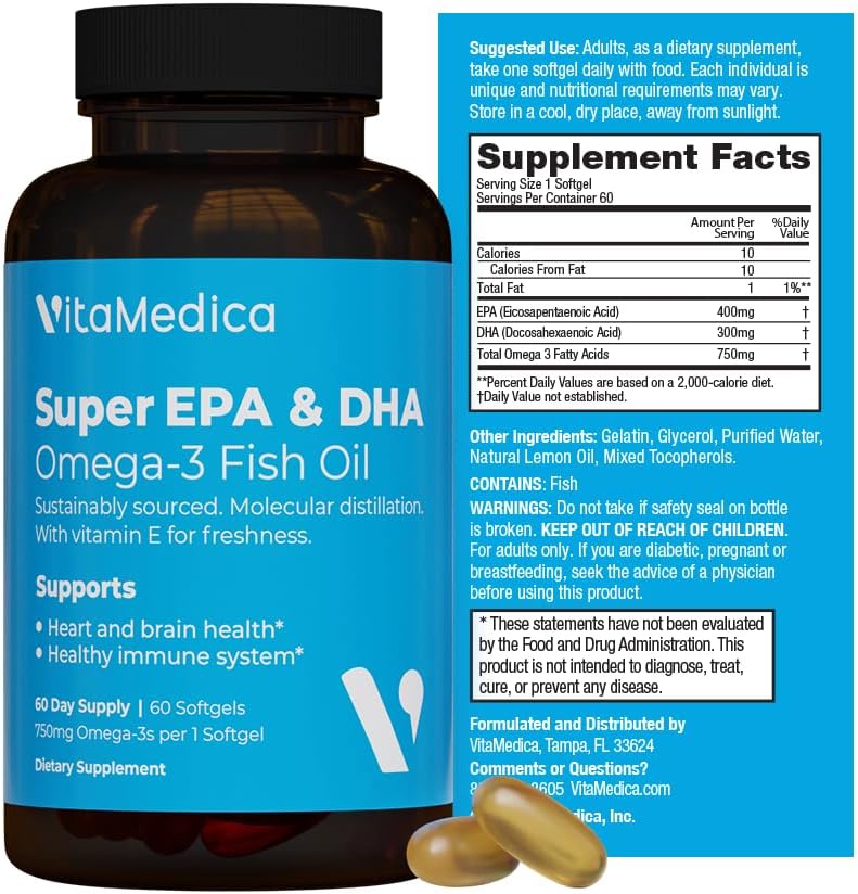 High-Potency, Super EPA/DHA Fish Oil 750mg of Essential Omega-3 Fatty Acids | EPA & DHA | Heart Health, Brain Health, Immune System Health