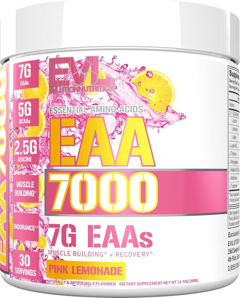 Evlution Nutrition EAA7000 - プレ&ポストワークアウトパウダー - 筋肉の建物 + 回復サプリメント - 7gエッセンシャルアミノ酸 + 5g BCAA - 持久力 + エネルギーサポート - 30サービング - ピンクLemonade