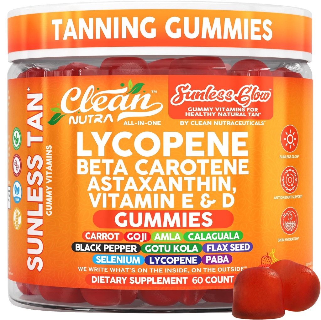 Sunless Glow Lycopene Beta Carotene Tanning Gummies Astaxanthin Vitamin C D E Flax Seed Selenium Amla l Tyrosine PABA Black Pepper 60 Count Strawberry Banana Flavor By Clean Nutra