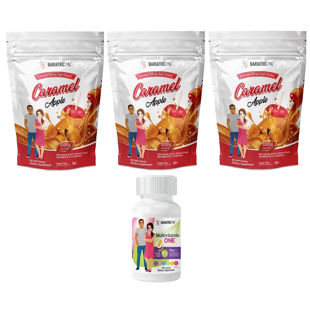 BariatricPal 90 デイ バリアトリ ビタミン バンドル (Multivitamin ONE 1 日)! 45mgの鉄およびカルシウムのクエン酸塩の柔らかい咀嚼500mgが付いているカプセル-Caramel Apple)