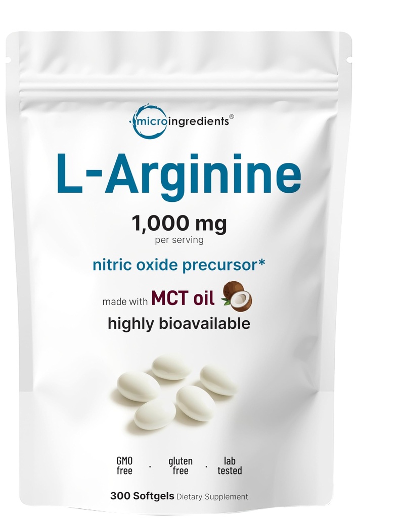 マイクロ成分L-アルギニン1000mg、MCT油、300軟ゲル | ニトリ酸化物プレクサー* 男性用・女性用 | 余分強度アミノ酸フォーミュラ 日用ウェルネス | 非GMO、グルテンフリー、大豆なし
