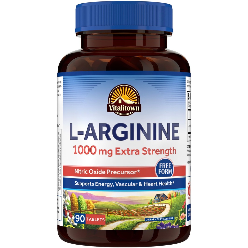 男性と女性のためのヴィタリタウンL-アルギニン、1000 mg、ニトリ酸化物ブースターサプリメント、グルテンフリー、非GMO、持久力、トレーニング、血流サポート、90錠