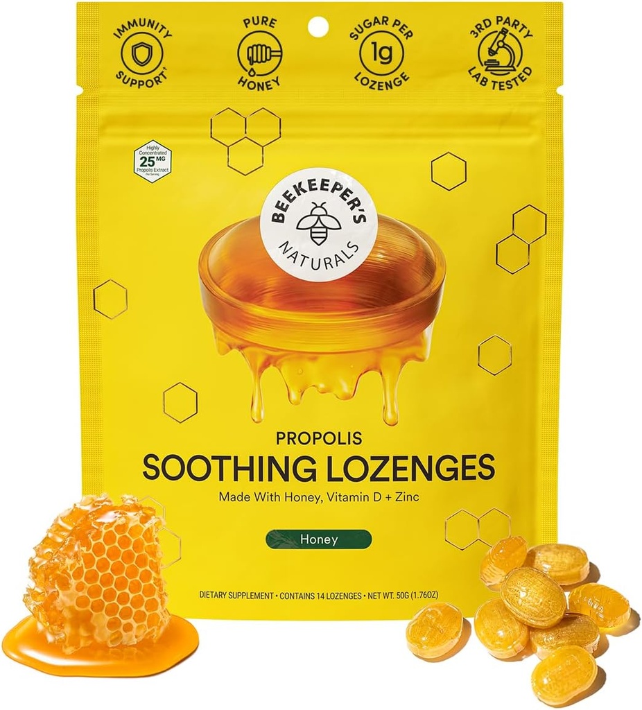 蜂蜜の咳の低下 - ビタミンD、亜鉛、プロポリスとの免疫サポート - Beekeeper's Naturals - Throat Soothing Lozenges、14 Ct