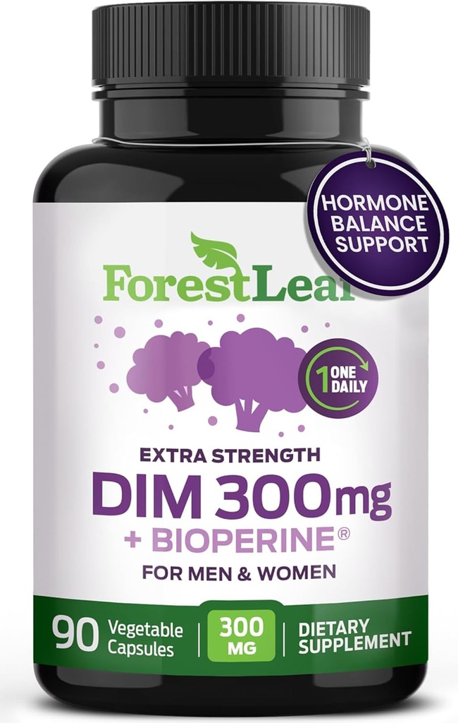 ForestLeaf DIM Supplement - 300mg DIM Estrogen Supplement for Women/Men - Diindolylmethane with BioPerine Black Pepper - Support for Detox, Metabolism, Hormone Balance & Menopause - 90 Caps