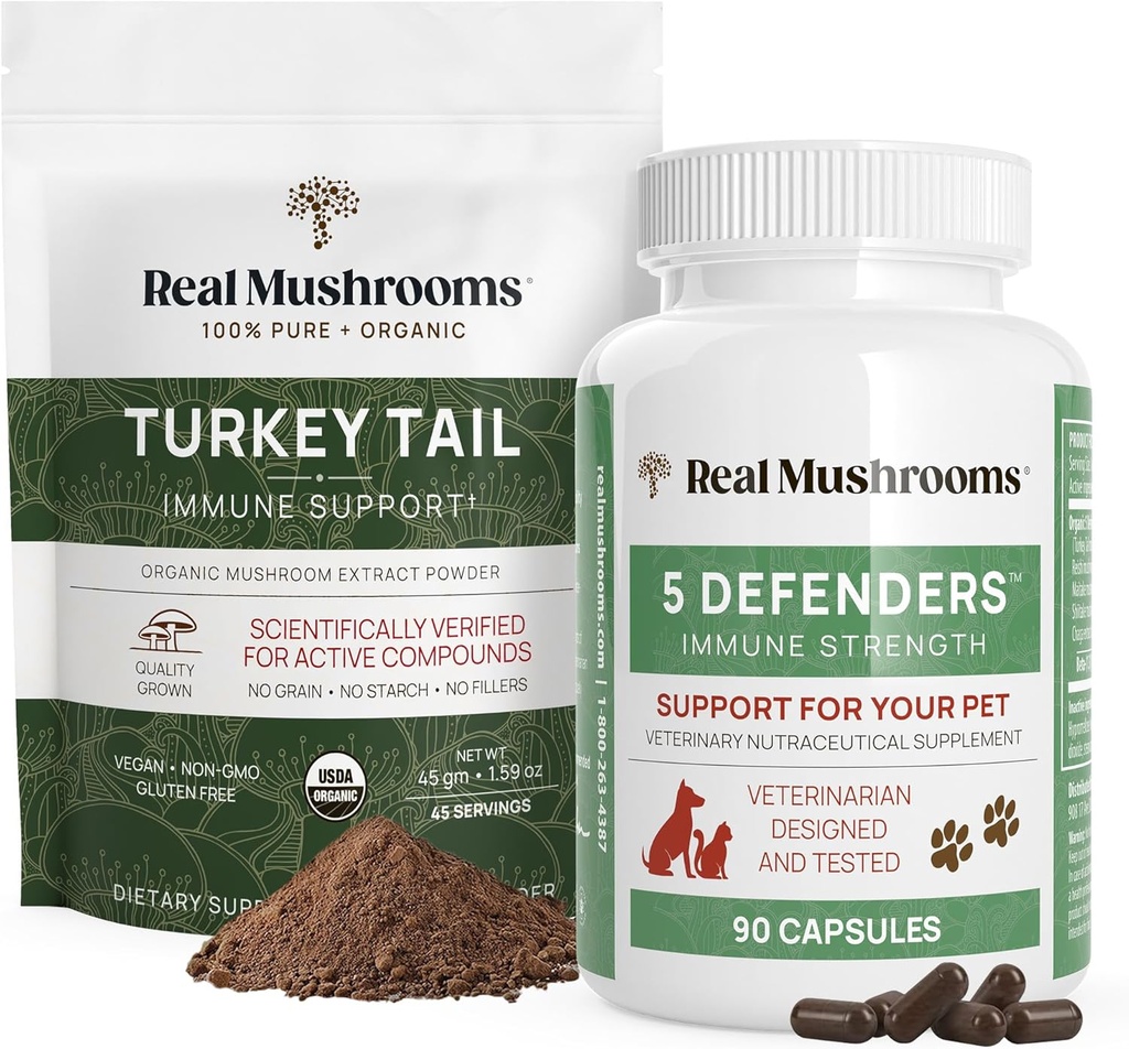 Real Mushrooms Turkey Tail Powder for Humans (45 Servings) & Turkey Tail for Pets (90ct) - Powder & Capsules Bundle for Immune Support - Vegan, Non-GMO, Grain-Free, Gluten-Free