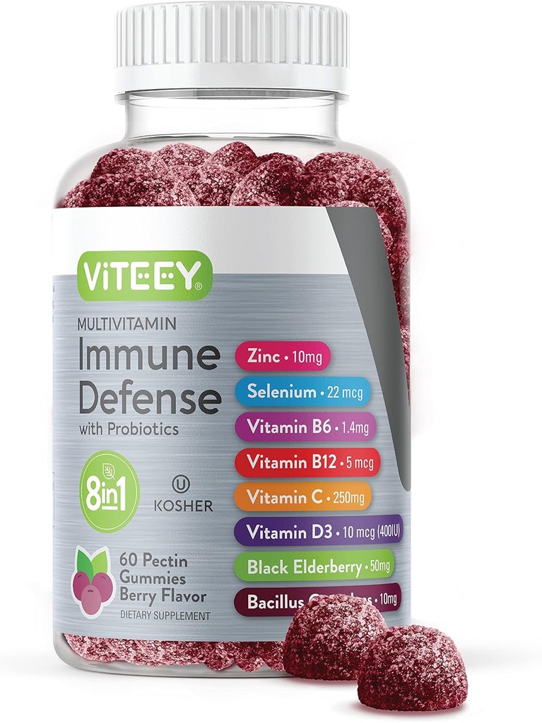 Viteey Multivitamin Gummies 8 in 1 プロバイオティクスと免疫サポートサプリメント - ベジタリアン、ゼラチンフリー、GMOフリー - Chewable Berry Flavored Pectin Immune Defense