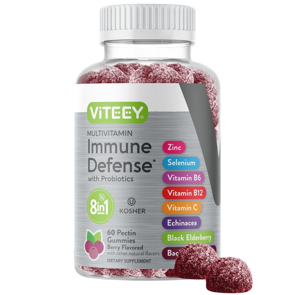 Viteey Multivitamin Gummies 8 in 1 プロバイオティクスと免疫サポートサプリメント - ベジタリアン、ゼラチンフリー、GMOフリー - Chewable Berry Flavored Pectin Immune Defense