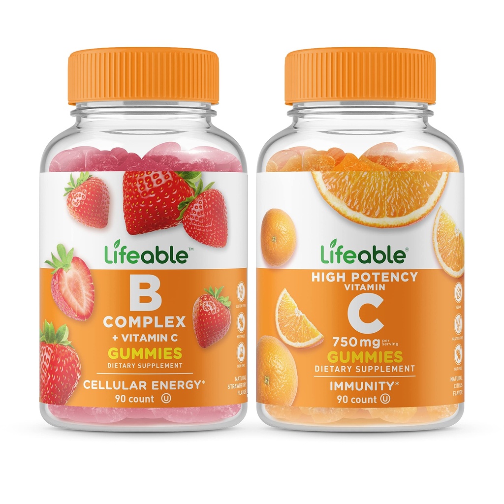 通気性Bコンプレックス+ビタミンC 750mg、ガミーバンドル - 偉大なテイスティング、ビタミンサプリメント、グルテンフリー、GMOフリー、Chewable