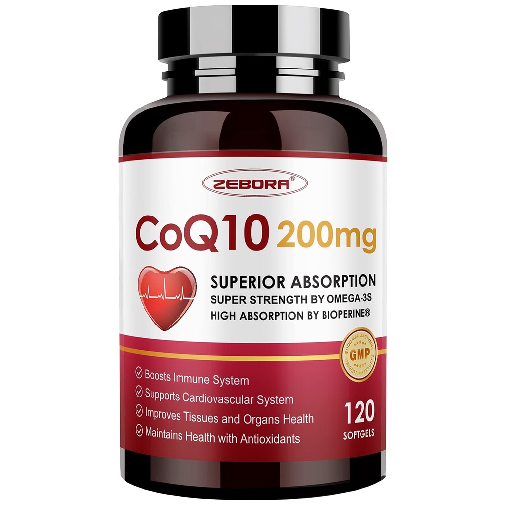 PQQ、BioPerine及びOmega-3、120のZEBORA CoQ10-200mg-Softgelsは高吸収のためのCoenzyme Q10 (Ubiquinone)の補足、強力な酸化防止、サポート中心及びエネルギー生産に与えます