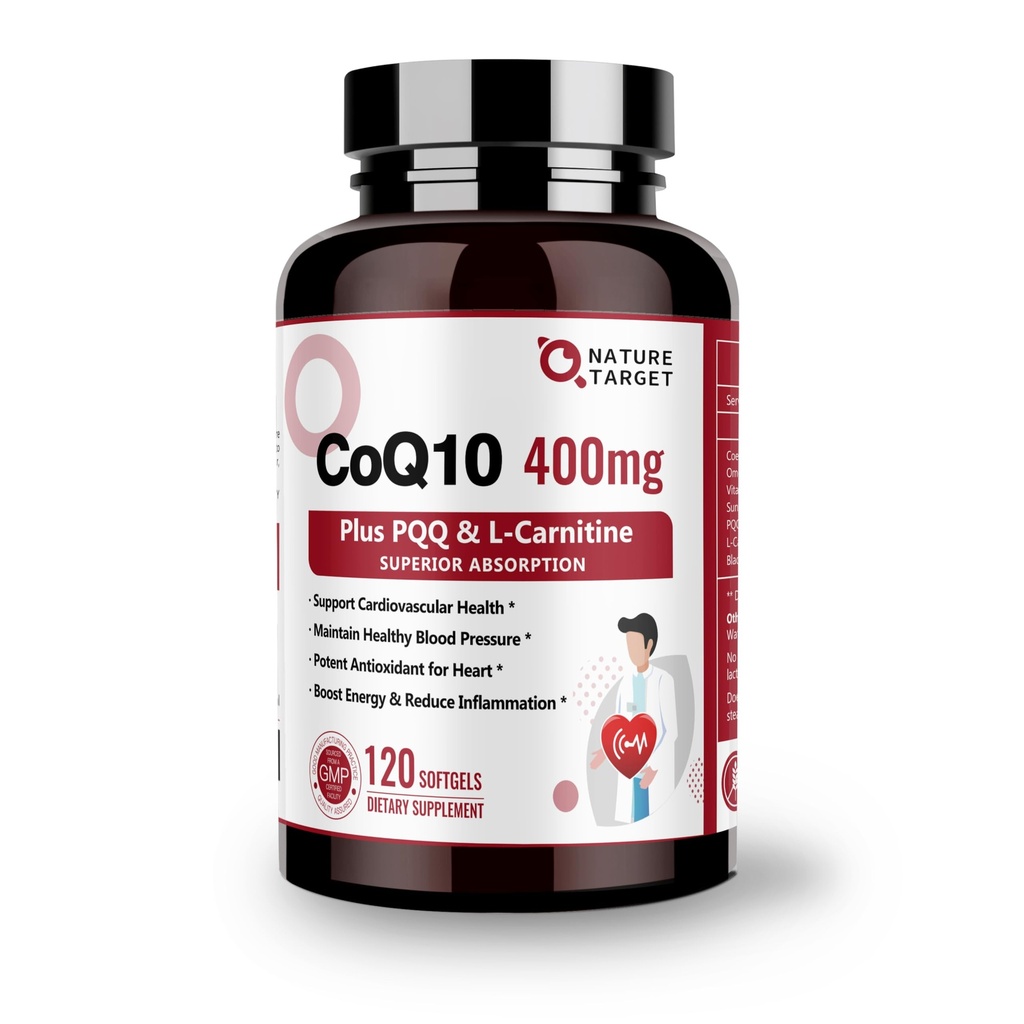 PQQ、Omega-3s及びL-Carnitine、BioPerine、サポート中心、頭脳、免疫システム、エネルギー生産、120のサービングが付いているNATURE TARGET CoQ10-400mg