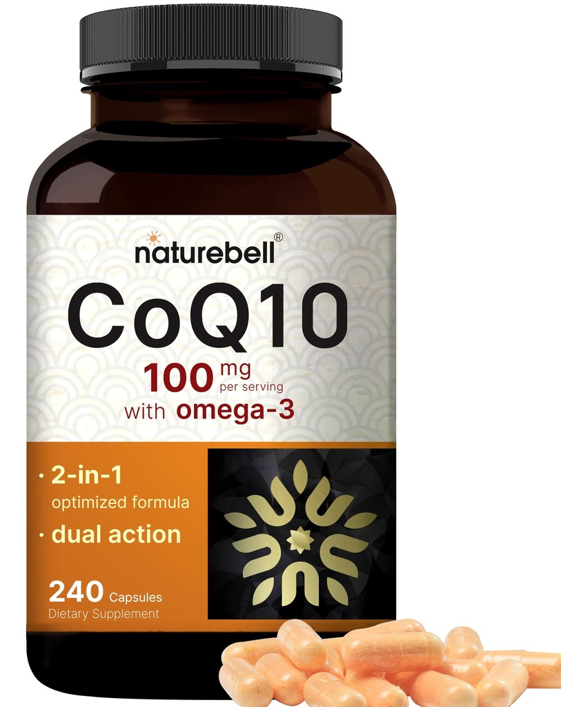 NatureBell CoQ10 100mg with Omega 3, 240カプセル | 安定した吸着フォーム – 心とエネルギーの健康のための抗酸化サポート – 余分な強度の補酵素Q10サプリメント