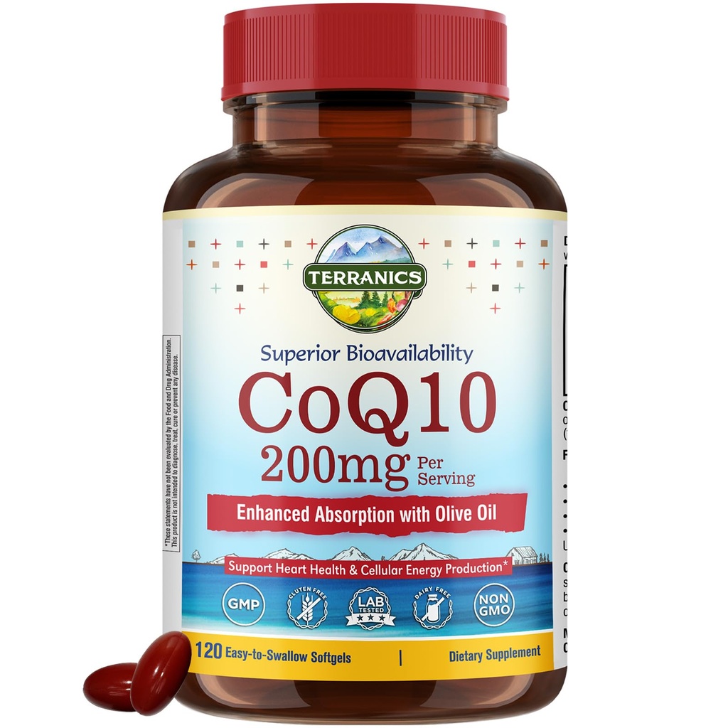 Terranics CoQ10 200mgの高められた吸収のための余分バージンのオリーブオイルが付いているCoenzyme Q10の補足、米国で作られたサポート中心の健康、酸化防止の保護、エネルギー生産、非GMO、120 Softgels