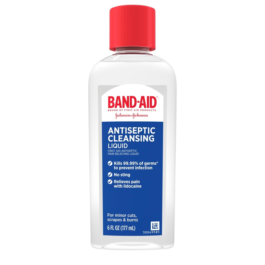 BAND-AID Brand Antiseptic Cleansing Liquid, 6 Fl. Oz | Antimicrobial First Aid Wash for Infection Prevention, Wound Care of Minor Cuts, Scrapes & Burns, Pain Relief with Lidocaine