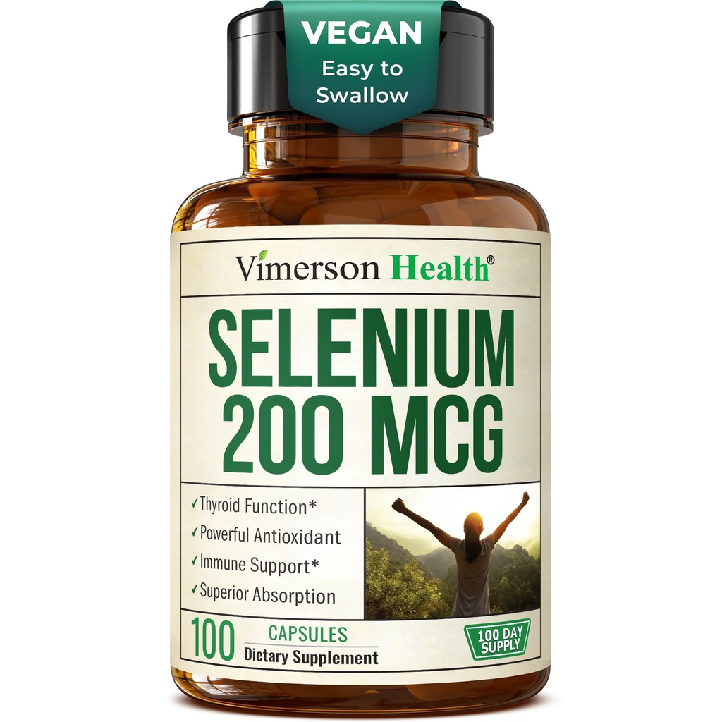 Selenium 200 mcgカプセル - 甲状腺、抗酸化剤、免疫サポートのための高周波セレンサプリメント - 高バイオ利用できるL-セレノメチニンエッセンシャルミネラルサプリメント - ビーガン、100カプセル