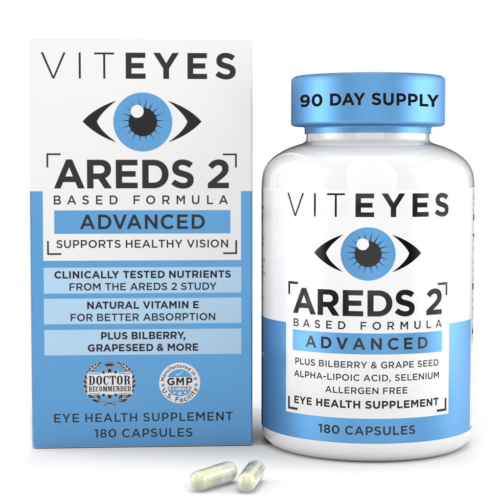 Viteyesは、Bilberry、ブドウ種子、FLORAGLO Lutein、Selenium、ナチュラルビタミンE、アレルゲンフリー、ビジョン保護、アイドクターTrusted、180カウントの2つの高度なアイビタミン、Macularサポートを提供しています