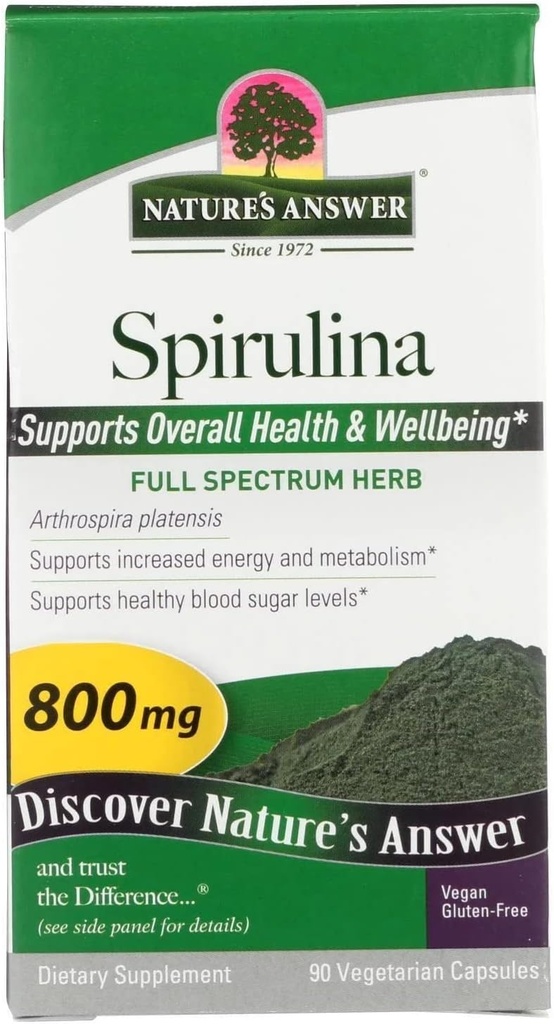 Nature's Answer Spirulina ハーブパウダーカプセル 90 カウント | 天然免疫サポート | プレバイオティック | 繊維、たんぱく、抗酸化剤、ビタミンが豊富