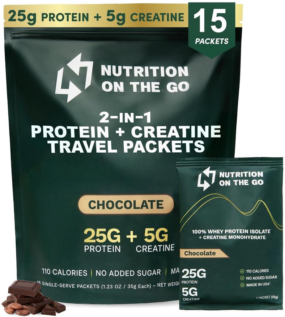 クレアチン - 25gタンパク質+ 5gクレアチン - シングルサーブ旅行プロテインパウダー - 5.9g BCAA、ケト&ローキャブ、グルテンフリー - チョコレート(15パック)