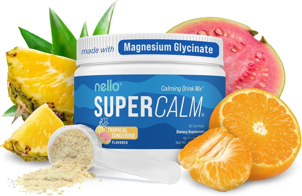 Nello Supercalm Powdered Drink Mix, Tropical Tangerine, L Theanine, Ksm-66 Ashwagandha, Magnesium Glycinate, Vitamin D 3, Supplements for Relaxation & Focus, Natural, No Sugar, Non GMO, 30 Srvg