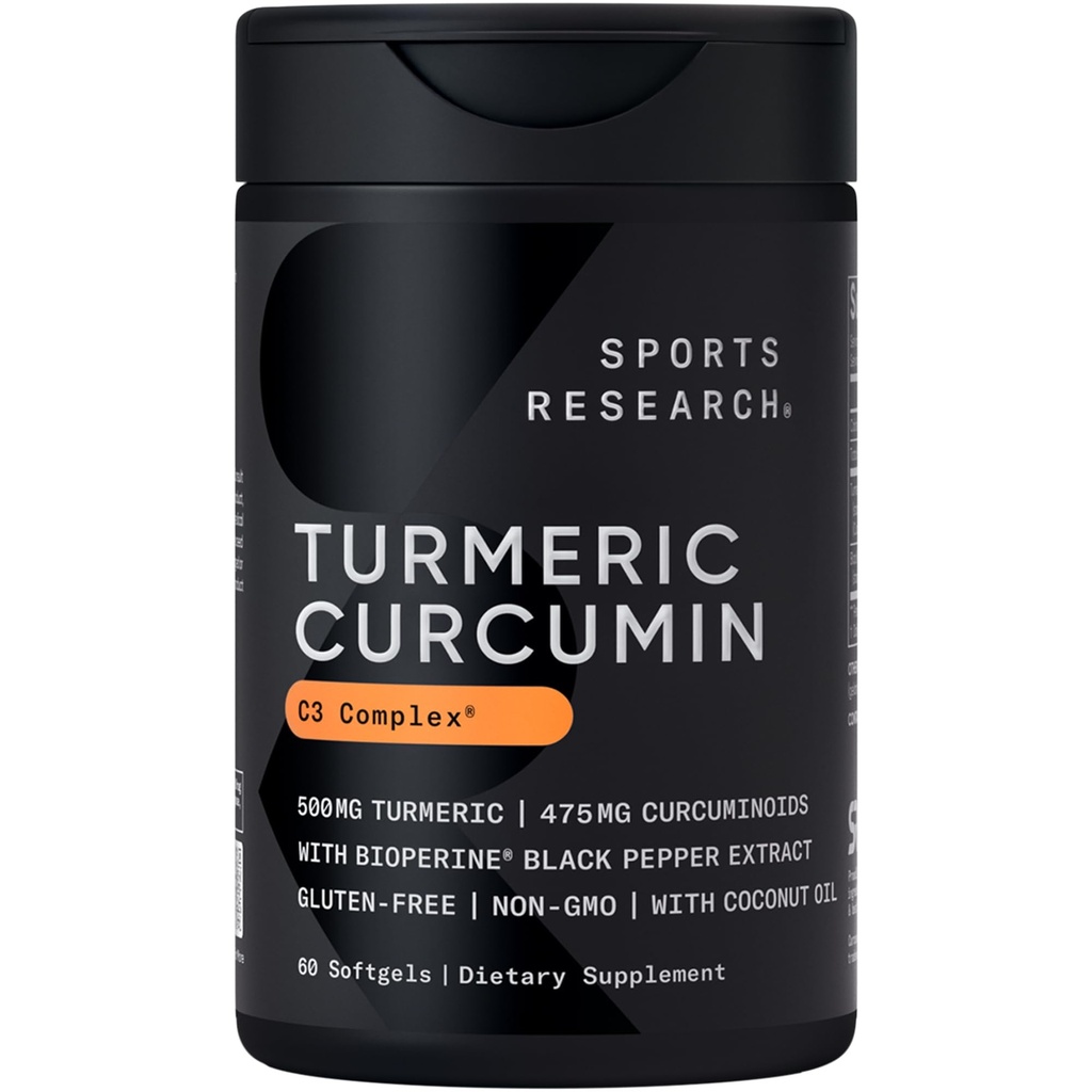 スポーツ研究ターメリッククルクミンC3コンプレックス500mg、強化&ブラックペッパーとより良い吸収のための有機ココナッツオイル;非GMOとグルテンフリー-標準化95%クルクミノイド(60カウントSoftgels)