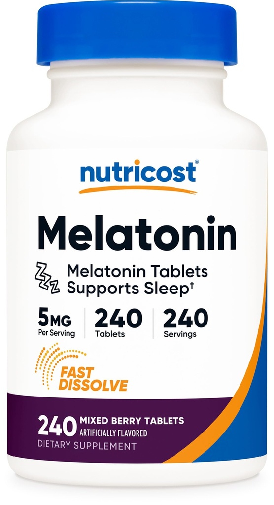 Nutricost Melatonin 5mg、240 速い分解のタブレット(混合された果実味) - 非GMO、グルテンフリー