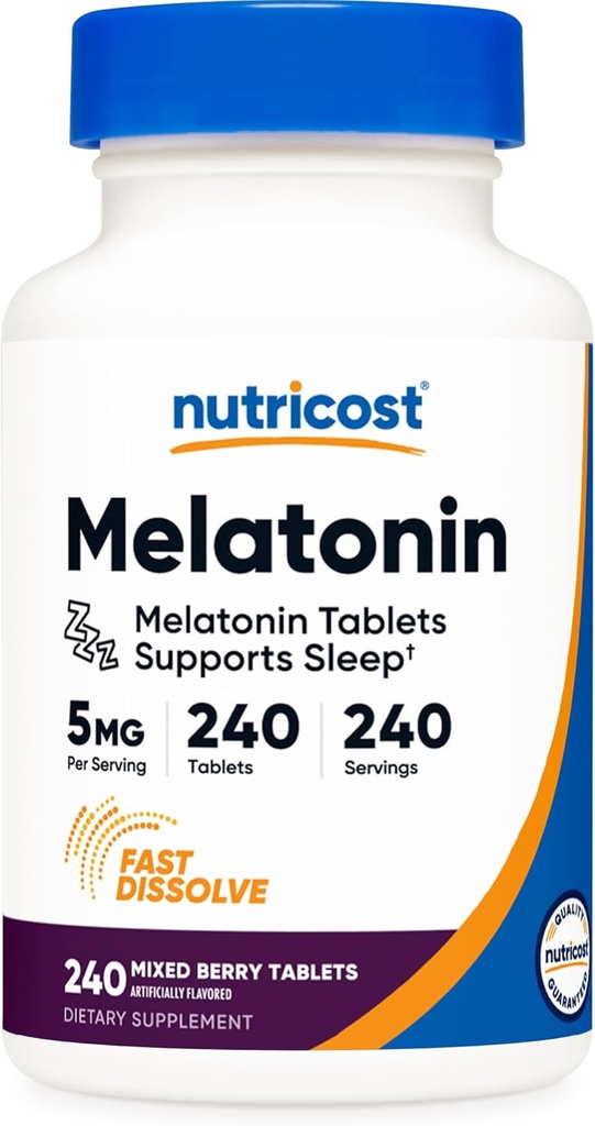Nutricost Melatonin 5mg、240 速い分解のタブレット(混合された果実味) - 非GMO、グルテンフリー