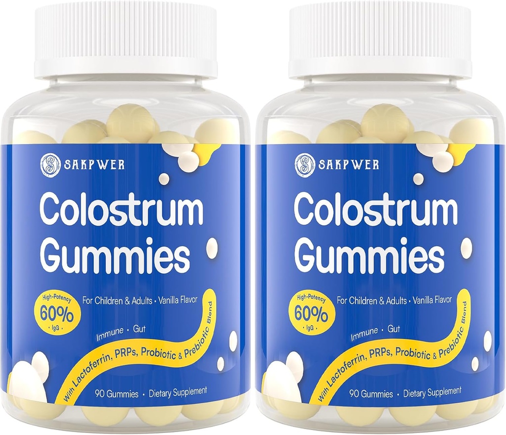 Bovine Colostrum Supplement Gummies - 60% Highest IgG、Lactoferrin、プロバイオティクス、大人と子供のためのプレバイオティクス、バニラフレーバー&砂糖無料、2パック