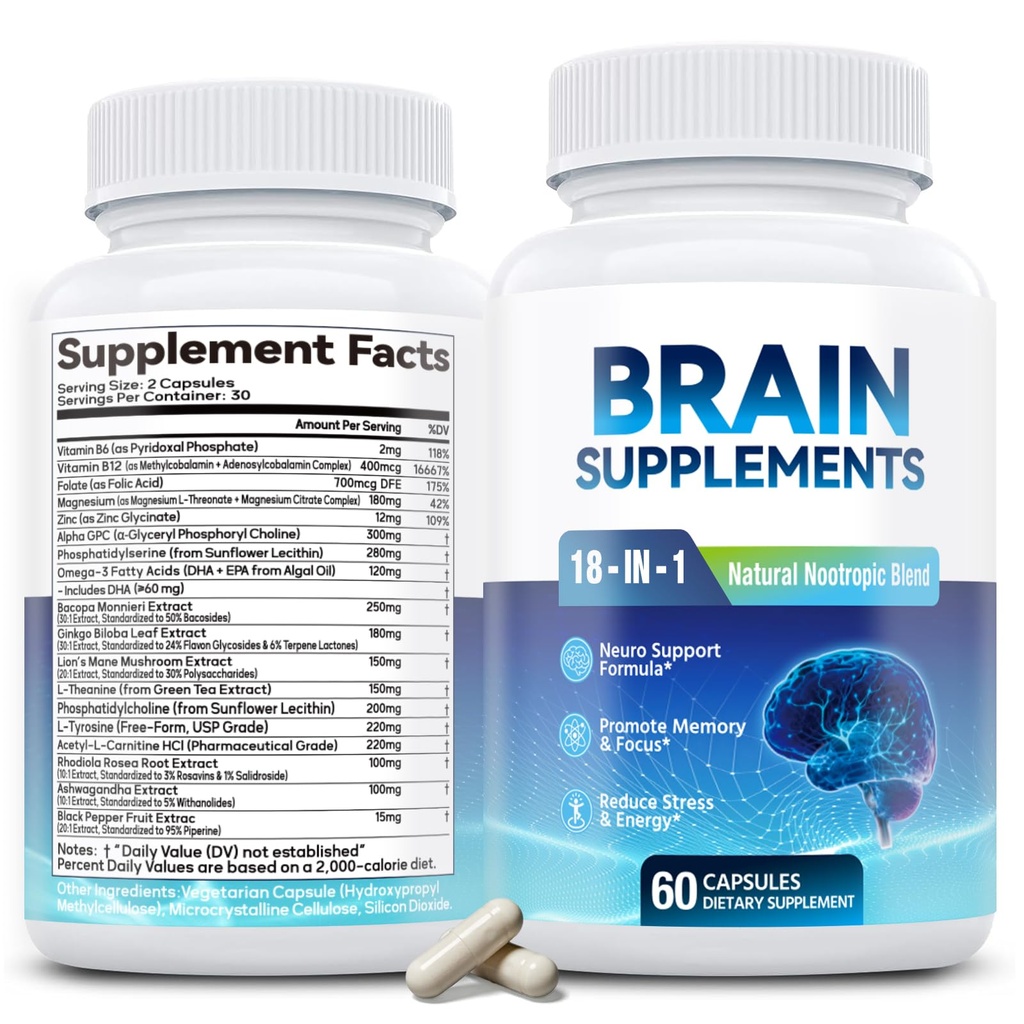記憶および焦点のための18-in-1頭脳の補足–アルファGPC、Bacopa、GinkgoのBiloba、ライオンのマネ、ビタミンB6及びB12の向知性の健康、精神的な明快さ ビーガン、非GMO