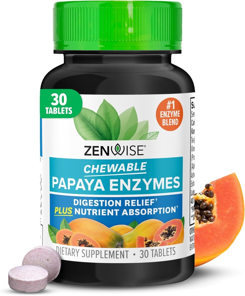 消化とガットのサポートのためのZenwise Health Chewable Papaya酵素 - パパパインとBromelainと消化の健康とブロッキング救済 - 女性&男性 - 30錠