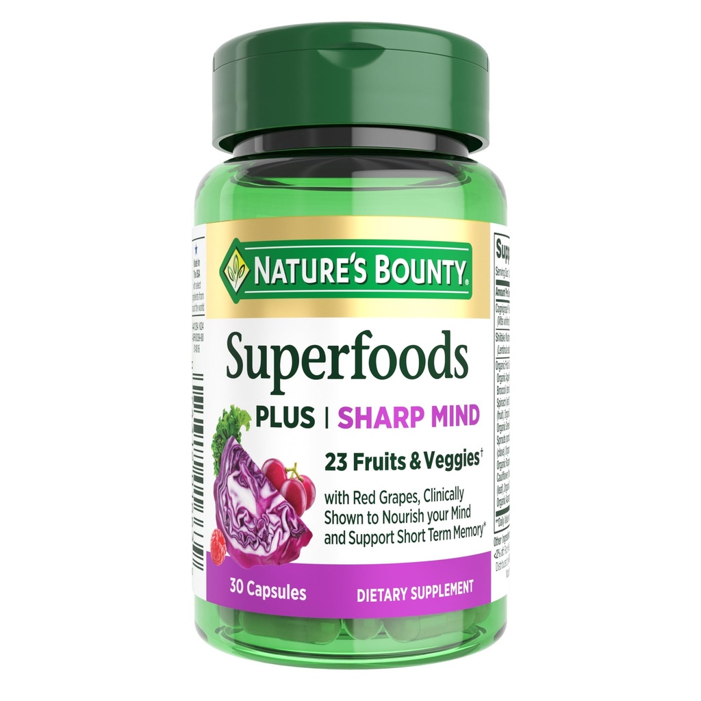 Nature's Bounty Superfoods Plusは、脳の健康、記憶、焦点、23の果物とベジギーとレッドグレープ - 認知サプリメント、30カプセルのためのシャープなマインド