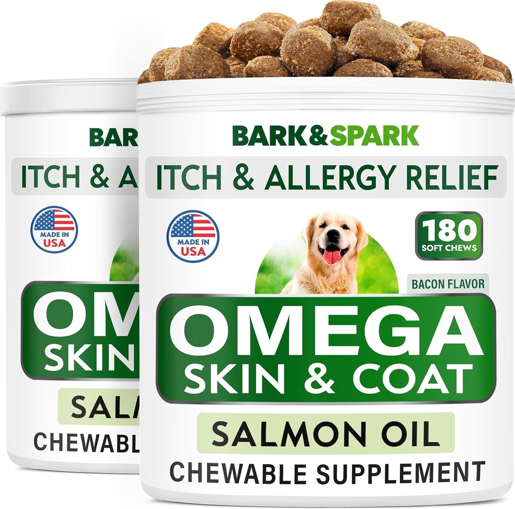犬のためのBARK&SPARK Omega 3 - 360魚油は、犬の寝具、皮膚アレルギー、痛みの軽減、ホットスポットの治療 - 関節の健康 - 皮膚とコートサプリメント - EPA&DHA脂肪酸 - サーモンオイル - ベーコン